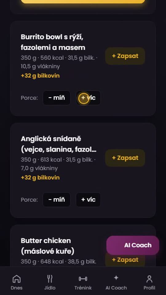 Návrh, co si ještě dnes dát, v appce Tvůj Coach
