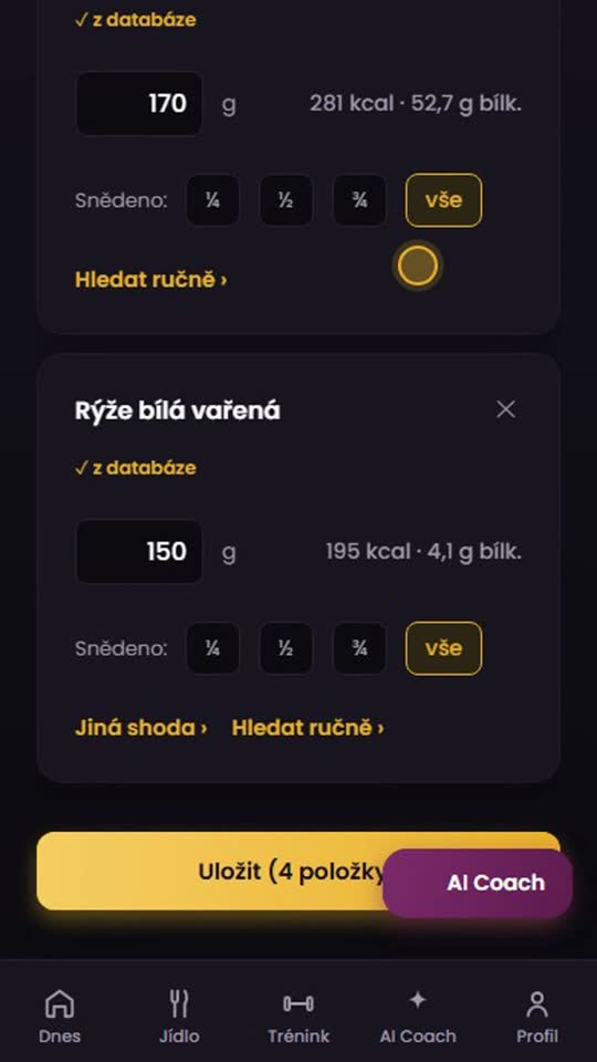Foto jídla s odhadem kalorií a maker v appce Tvůj Coach