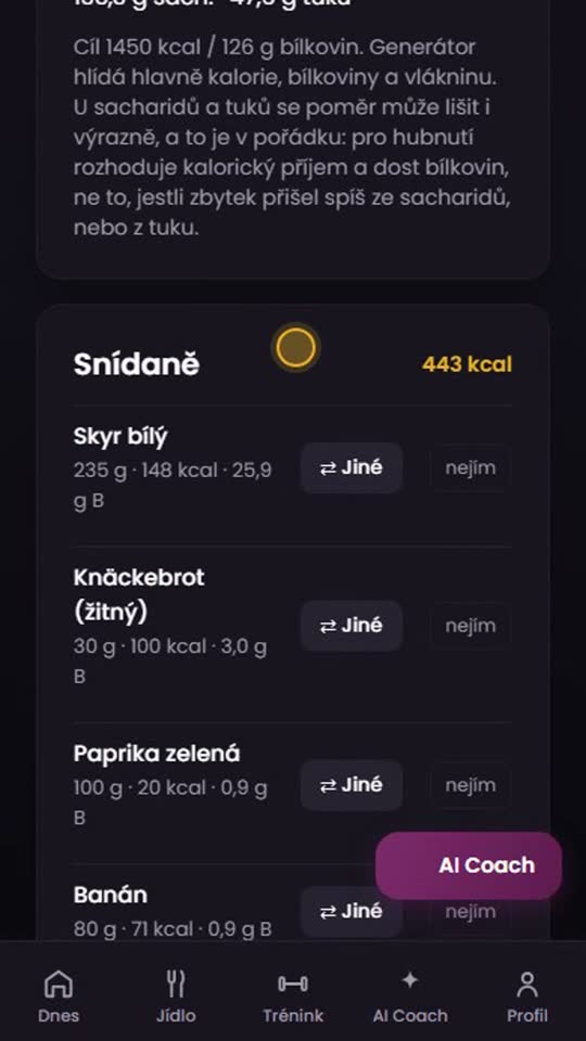 Generátor jídelníčku v appce Tvůj Coach