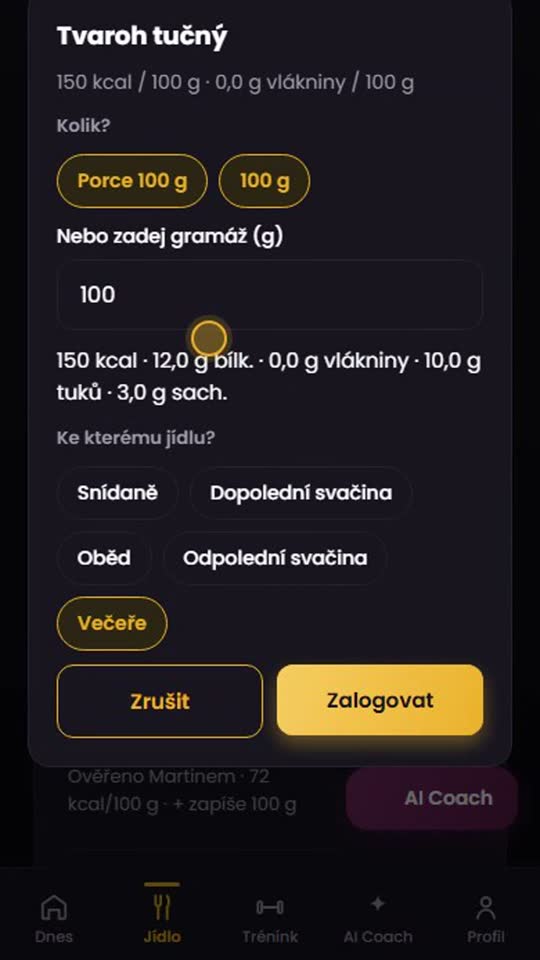 Zápis jídla hledáním v databázi potravin appky Tvůj Coach